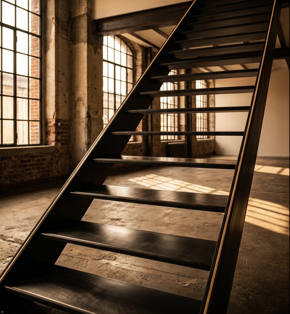 Escalier métallique sur mesure en acier noir dans un loft parisien